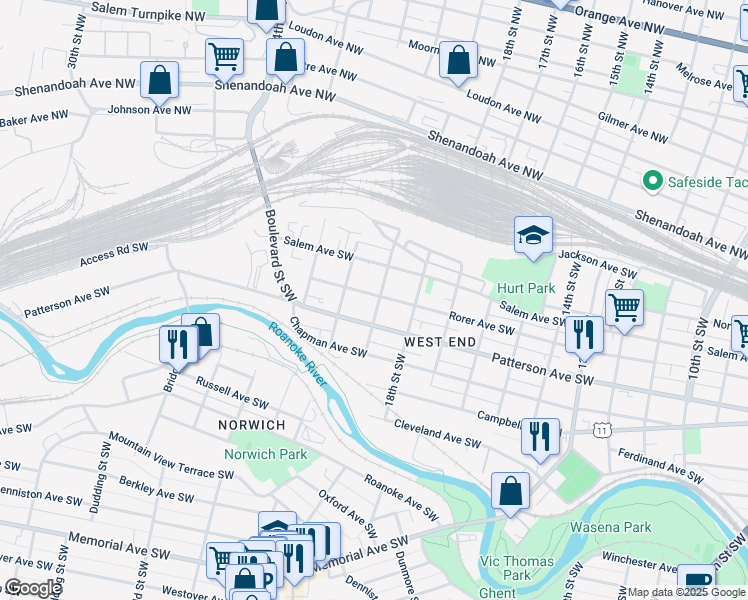 map of restaurants, bars, coffee shops, grocery stores, and more near 1902 Rorer Avenue Southwest in Roanoke