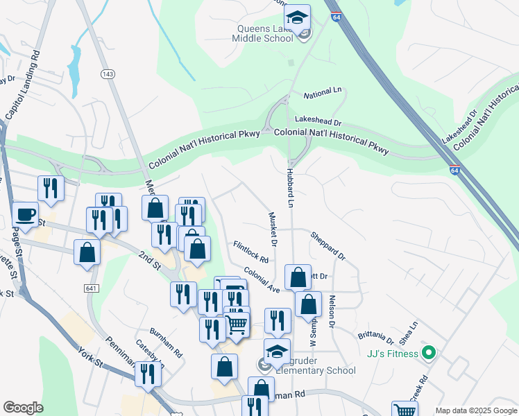 map of restaurants, bars, coffee shops, grocery stores, and more near 511 Musket Drive in Williamsburg