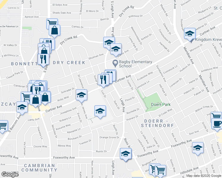 map of restaurants, bars, coffee shops, grocery stores, and more near 1889 Cody Way in San Jose