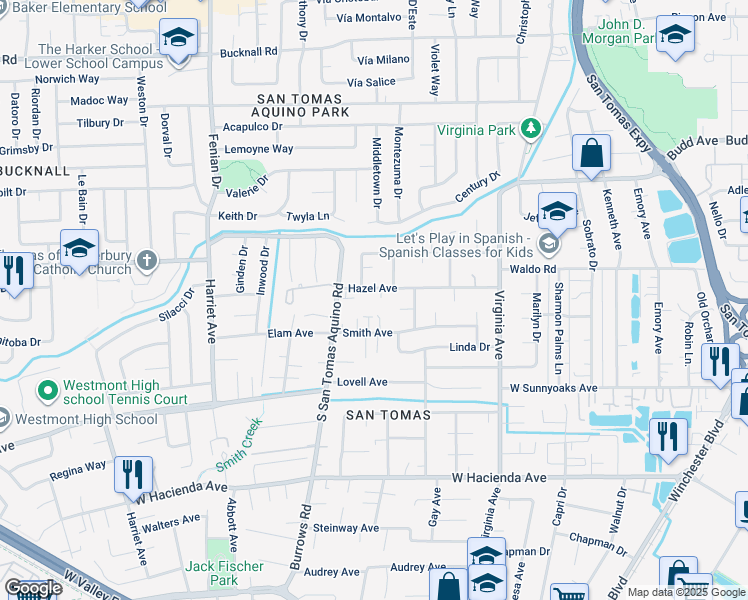 map of restaurants, bars, coffee shops, grocery stores, and more near 1161 Smith Avenue in Campbell