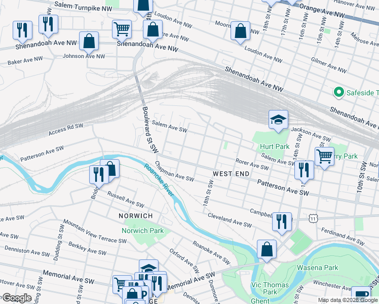 map of restaurants, bars, coffee shops, grocery stores, and more near 1902 Rorer Avenue Southwest in Roanoke