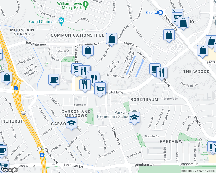 map of restaurants, bars, coffee shops, grocery stores, and more near 380 Vista Roma Way in San Jose