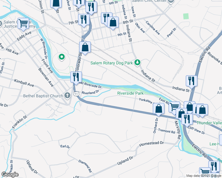 map of restaurants, bars, coffee shops, grocery stores, and more near 550 East Riverside Drive in Salem