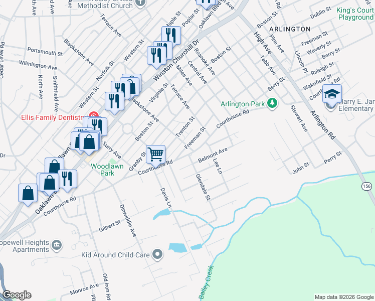 map of restaurants, bars, coffee shops, grocery stores, and more near 3308 Freeman Street in Hopewell