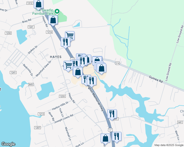 map of restaurants, bars, coffee shops, grocery stores, and more near York Crossing Drive in Gloucester Point