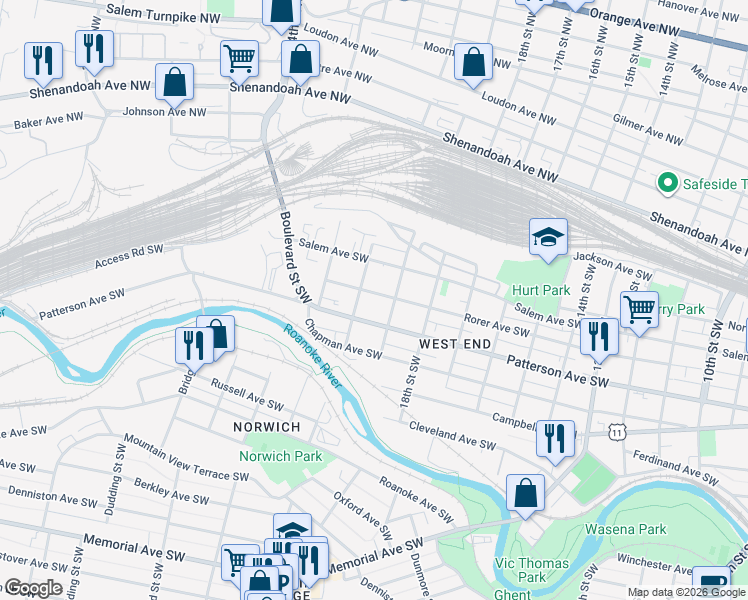 map of restaurants, bars, coffee shops, grocery stores, and more near 1902 Rorer Avenue Southwest in Roanoke