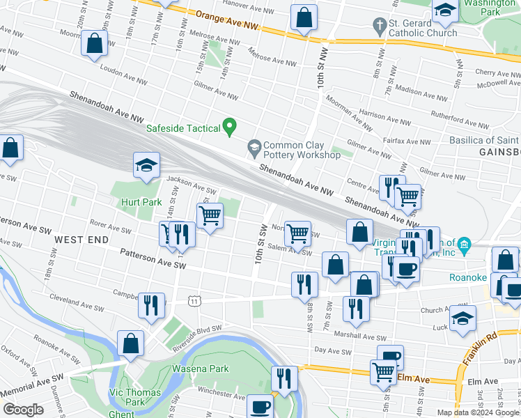 map of restaurants, bars, coffee shops, grocery stores, and more near 15 10th Street Southwest in Roanoke