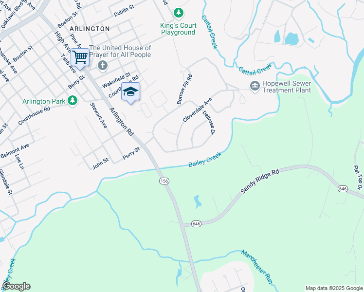 map of restaurants, bars, coffee shops, grocery stores, and more near 2343 Dellrose Drive in Hopewell