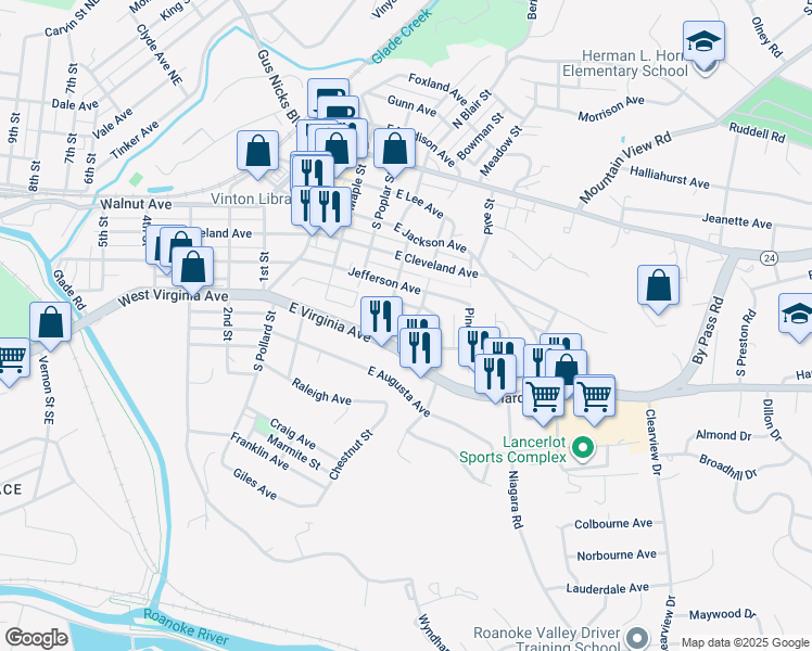 map of restaurants, bars, coffee shops, grocery stores, and more near 545 Chestnut Street in Vinton