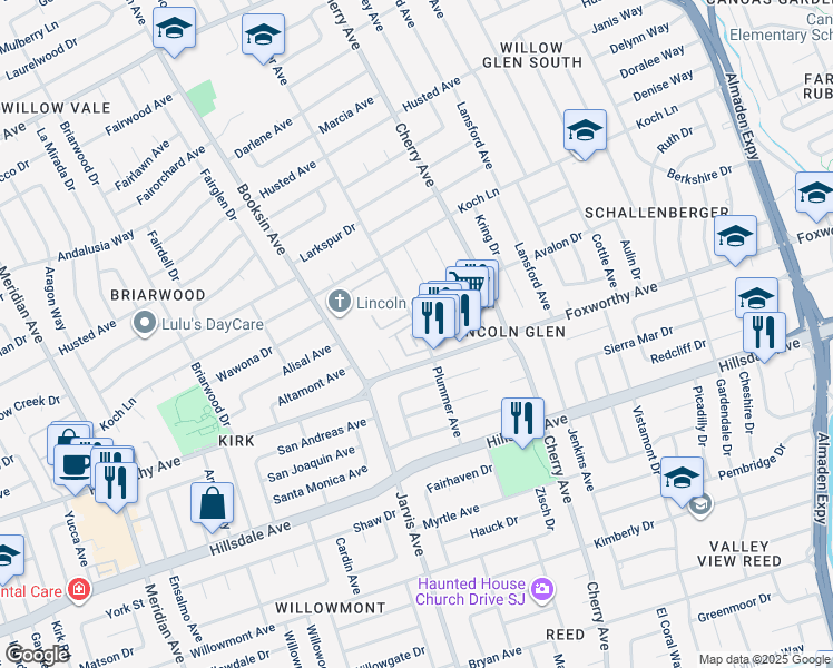 map of restaurants, bars, coffee shops, grocery stores, and more near 2952 Carrington Court in San Jose