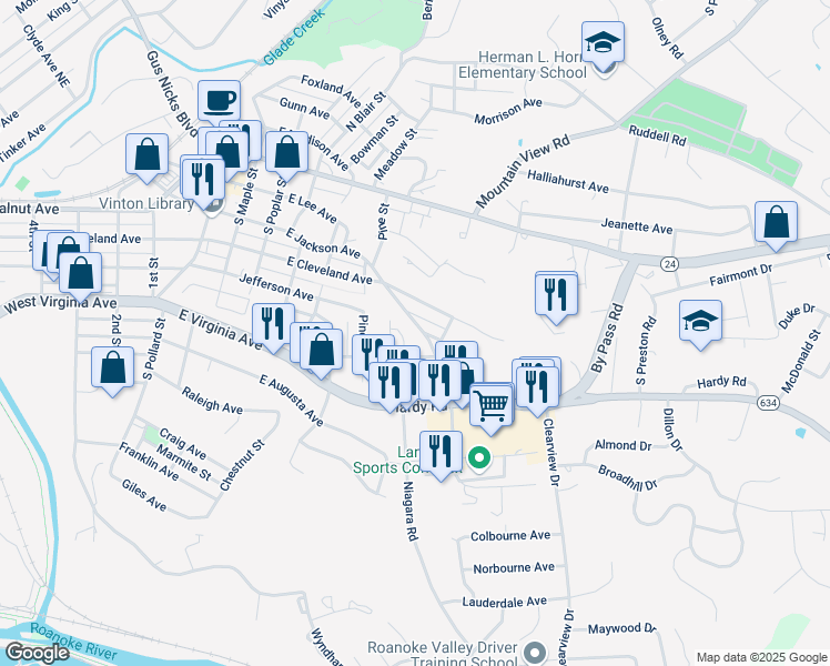 map of restaurants, bars, coffee shops, grocery stores, and more near 859 Bedford Road in Vinton
