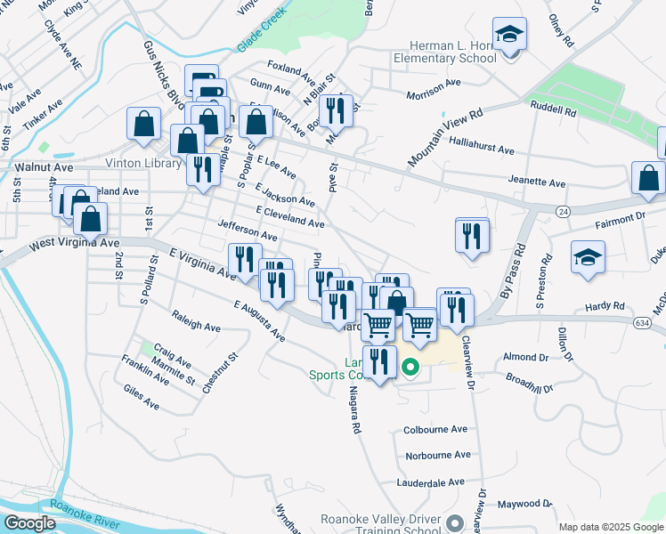 map of restaurants, bars, coffee shops, grocery stores, and more near 144 Gretchen Court in Vinton