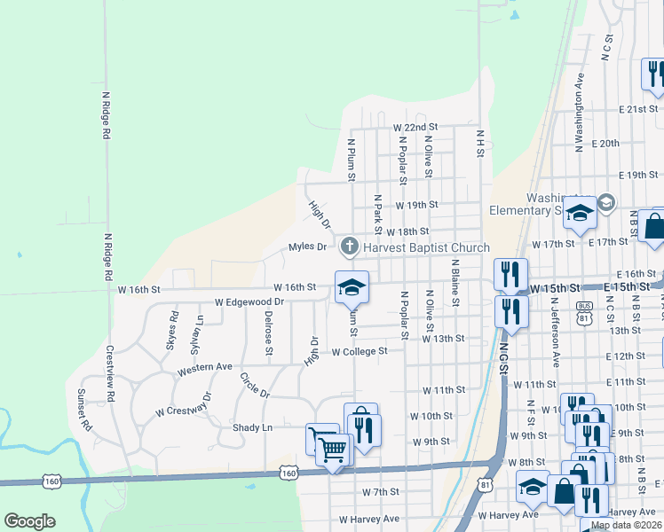map of restaurants, bars, coffee shops, grocery stores, and more near 1001-1099 West 16th Street in Wellington