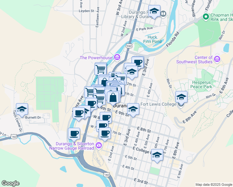 map of restaurants, bars, coffee shops, grocery stores, and more near in Durango