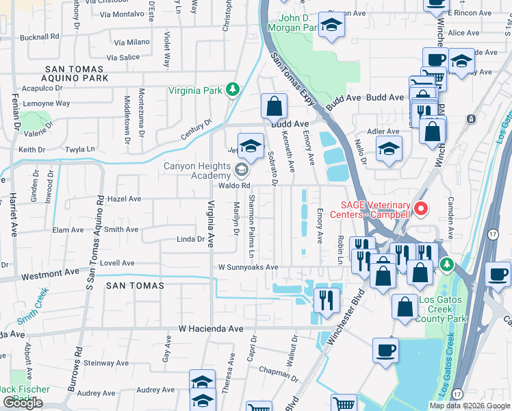 map of restaurants, bars, coffee shops, grocery stores, and more near 786 Sharmon Palms Lane in Campbell