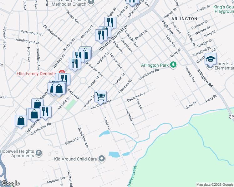 map of restaurants, bars, coffee shops, grocery stores, and more near 3305 Freeman Street in Hopewell