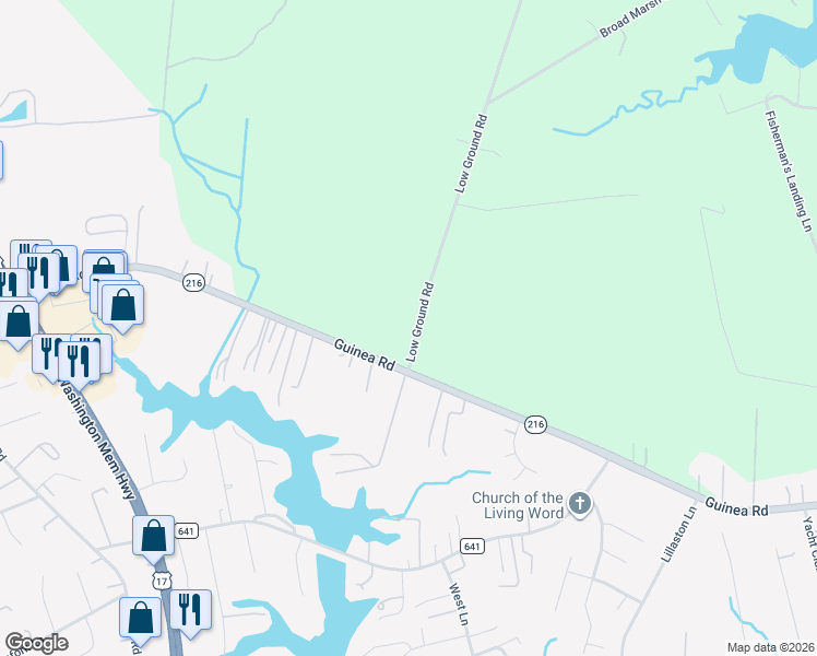map of restaurants, bars, coffee shops, grocery stores, and more near 2304 Low Ground Road in Gloucester County