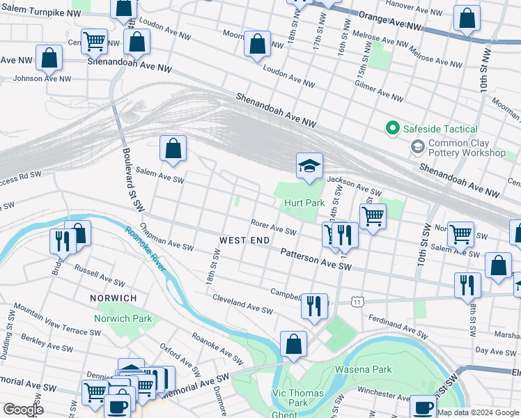 map of restaurants, bars, coffee shops, grocery stores, and more near 1626 Salem Avenue Southwest in Roanoke