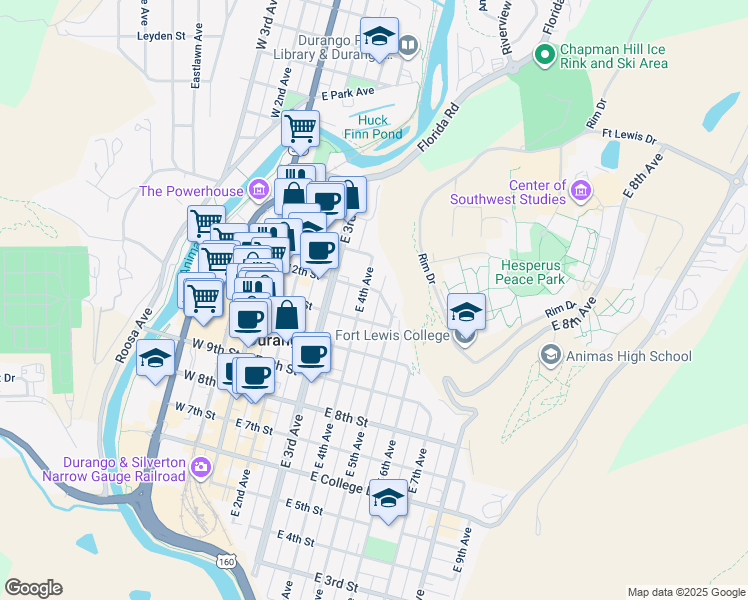 map of restaurants, bars, coffee shops, grocery stores, and more near 1114 E 4th Ave in Durango