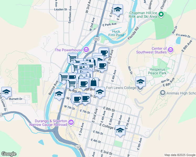 map of restaurants, bars, coffee shops, grocery stores, and more near 1060 East 2nd Avenue in Durango