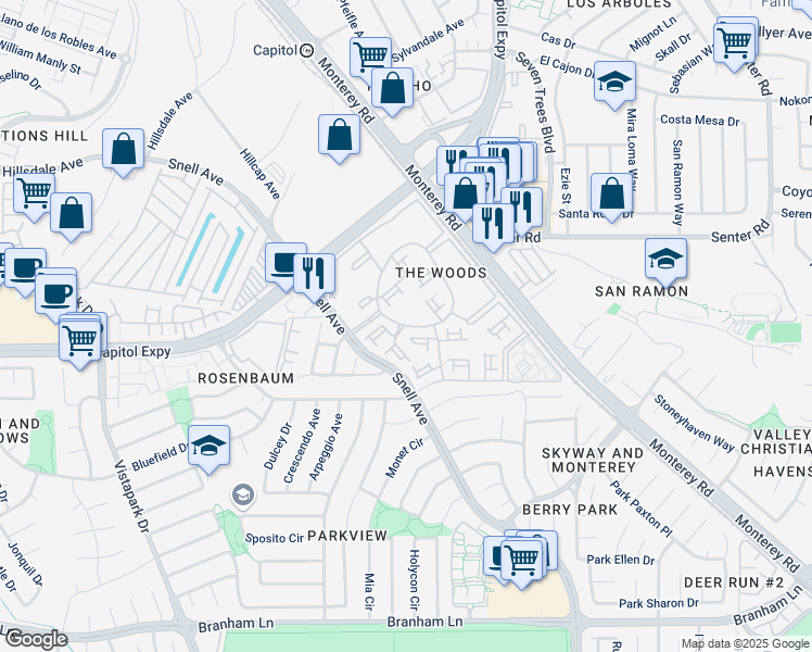 map of restaurants, bars, coffee shops, grocery stores, and more near 4300 The Woods Drive in San Jose