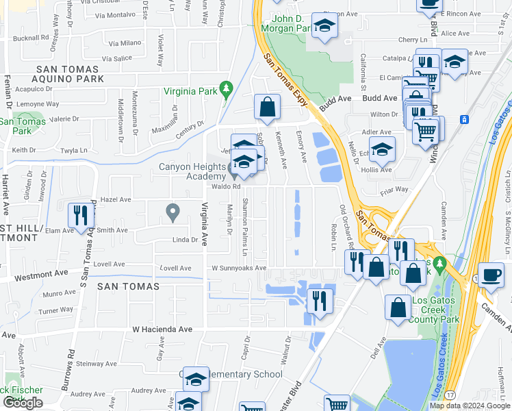 map of restaurants, bars, coffee shops, grocery stores, and more near 608 Gamma Court in Campbell