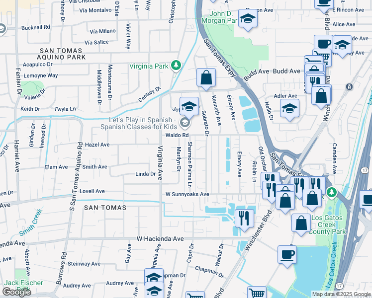map of restaurants, bars, coffee shops, grocery stores, and more near 817 Sharmon Palms Lane in Campbell