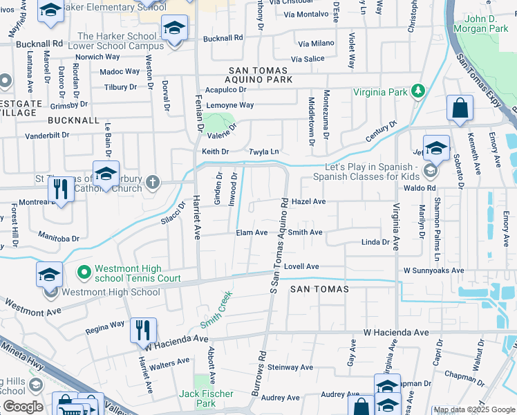 map of restaurants, bars, coffee shops, grocery stores, and more near 1259 Cobblestone Drive in Campbell