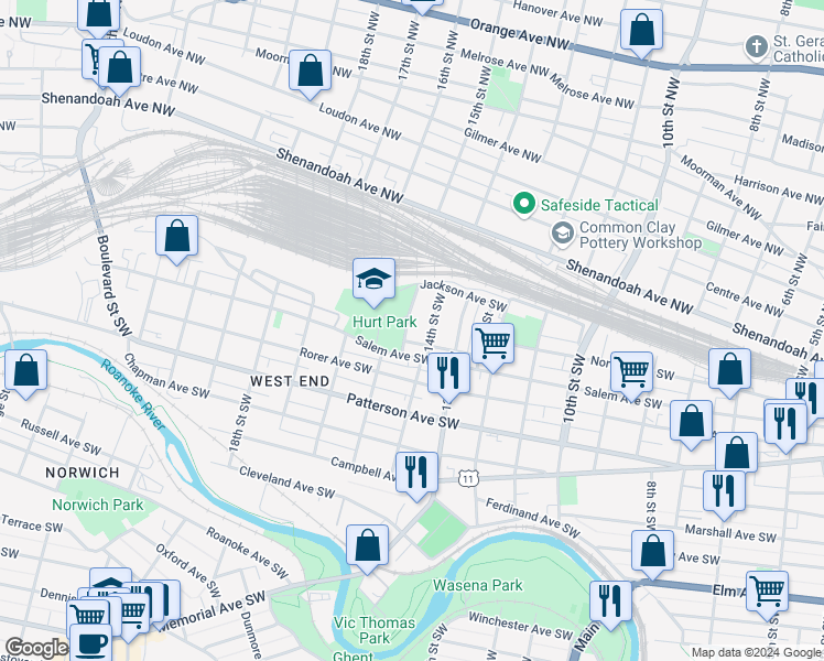 map of restaurants, bars, coffee shops, grocery stores, and more near 116 15th Street Southwest in Roanoke