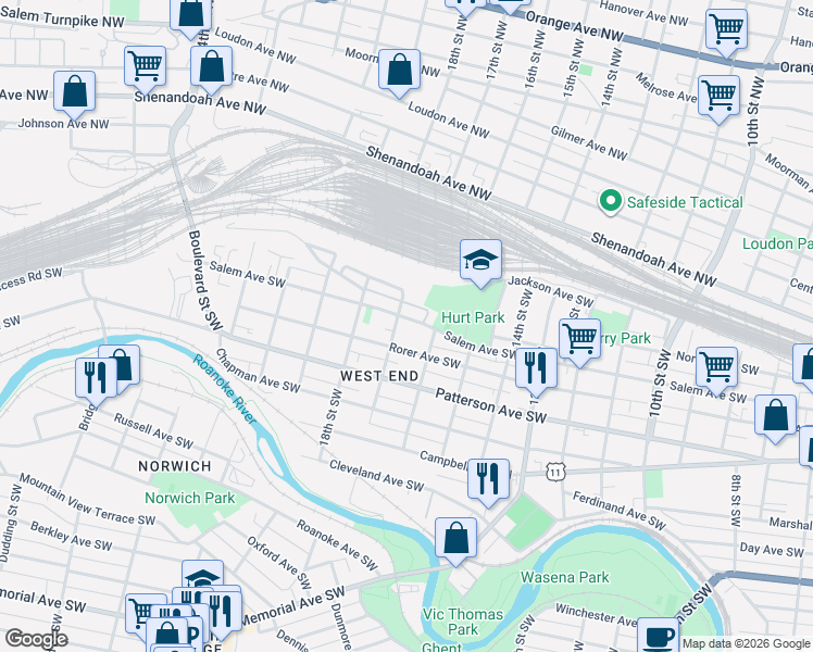 map of restaurants, bars, coffee shops, grocery stores, and more near 1610 Salem Avenue Southwest in Roanoke