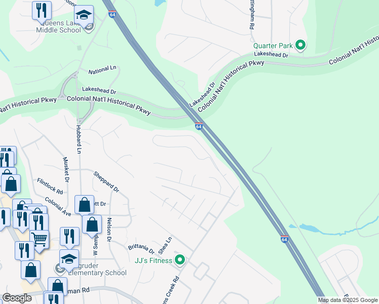 map of restaurants, bars, coffee shops, grocery stores, and more near 803 Queensbury Lane in Williamsburg