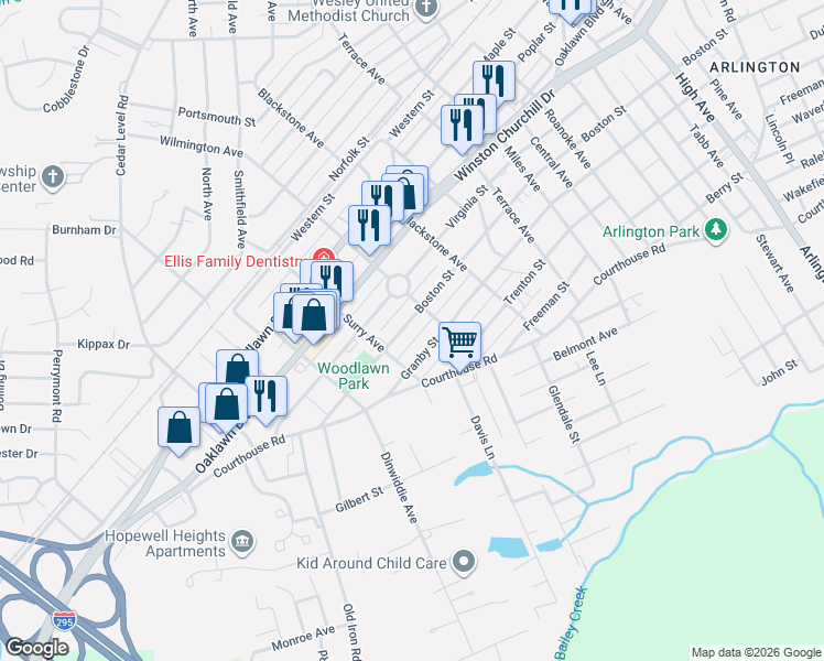 map of restaurants, bars, coffee shops, grocery stores, and more near 3412 Boston Street in Hopewell