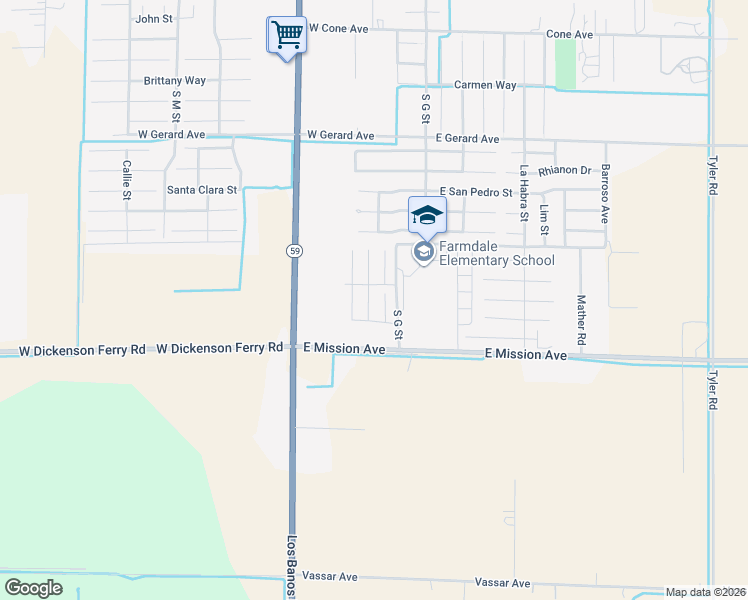 map of restaurants, bars, coffee shops, grocery stores, and more near 592 Cadiz Court in Merced