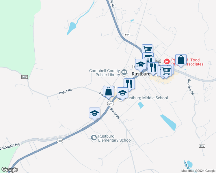 map of restaurants, bars, coffee shops, grocery stores, and more near 104 Drummer Street in Rustburg