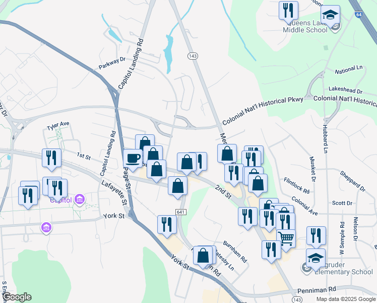 map of restaurants, bars, coffee shops, grocery stores, and more near 416 Merrimac Trail in Williamsburg