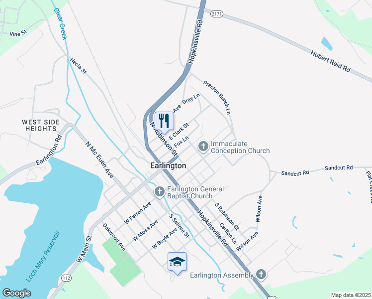 map of restaurants, bars, coffee shops, grocery stores, and more near East Main Street in Earlington