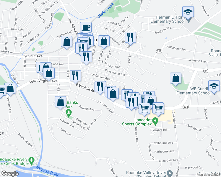 map of restaurants, bars, coffee shops, grocery stores, and more near 527 Spruce Street in Vinton