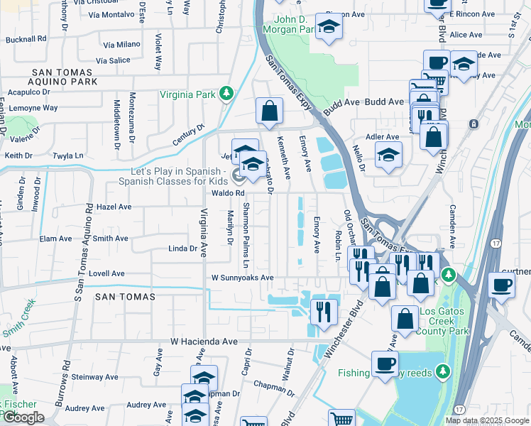 map of restaurants, bars, coffee shops, grocery stores, and more near 608 Gamma Court in Campbell