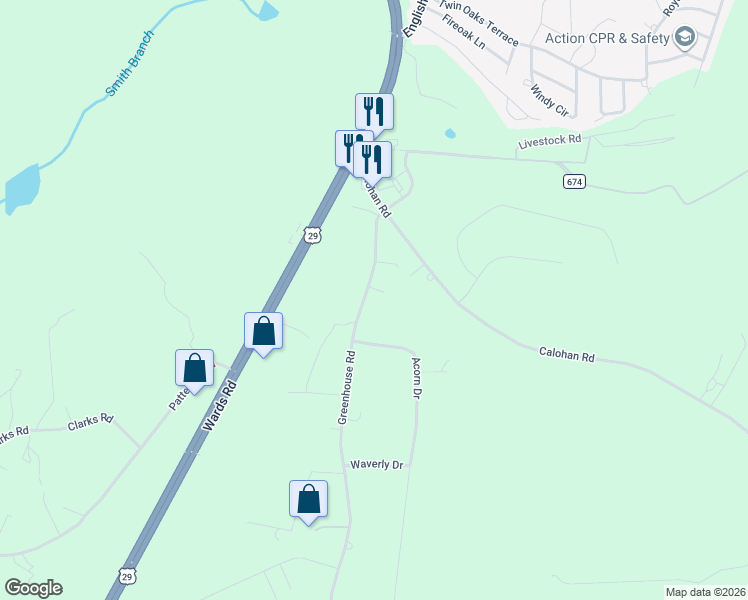 map of restaurants, bars, coffee shops, grocery stores, and more near 200 Greenhouse Road in Rustburg