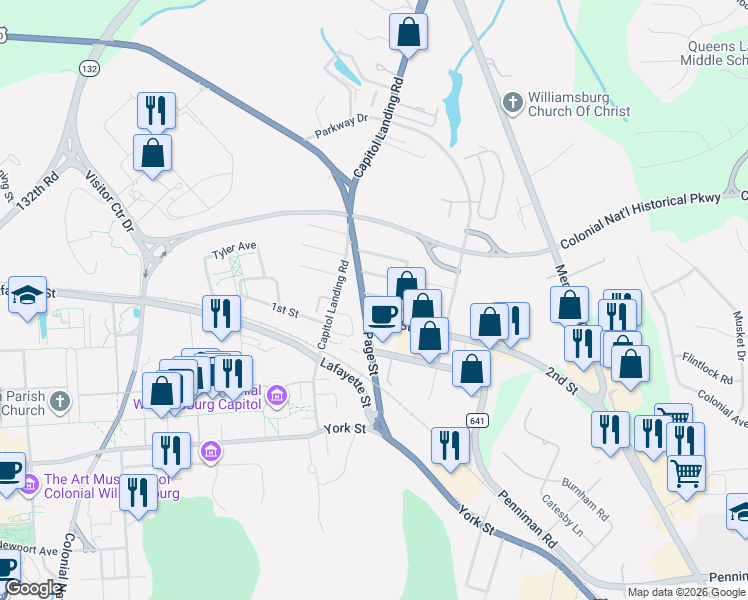 map of restaurants, bars, coffee shops, grocery stores, and more near 401 Page Street in Williamsburg