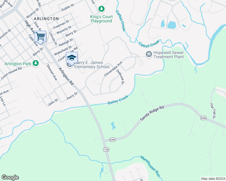 map of restaurants, bars, coffee shops, grocery stores, and more near 2253 Dellrose Drive in Hopewell