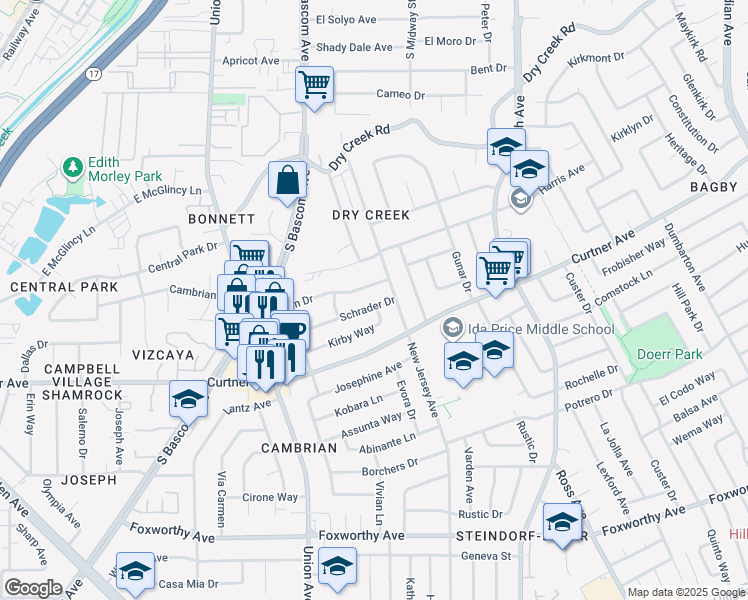 map of restaurants, bars, coffee shops, grocery stores, and more near 1959 Schrader Drive in San Jose