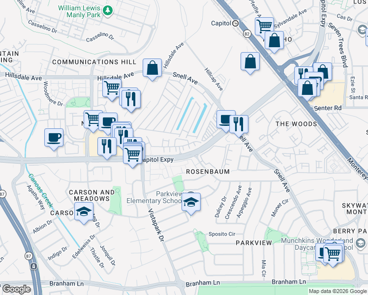 map of restaurants, bars, coffee shops, grocery stores, and more near 254 Vista Roma Way in San Jose