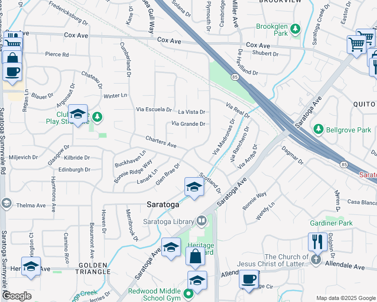map of restaurants, bars, coffee shops, grocery stores, and more near Glen Brae Drive & Charters Avenue in Saratoga