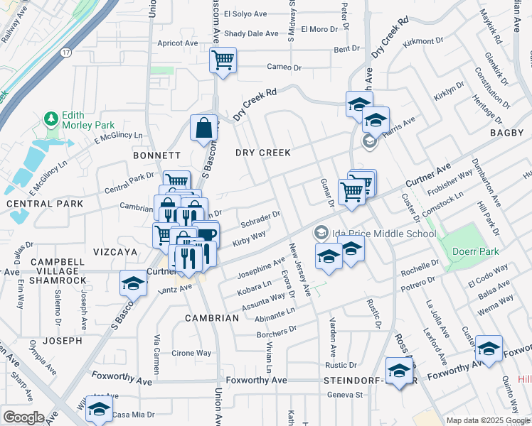 map of restaurants, bars, coffee shops, grocery stores, and more near 1959 Schrader Drive in San Jose