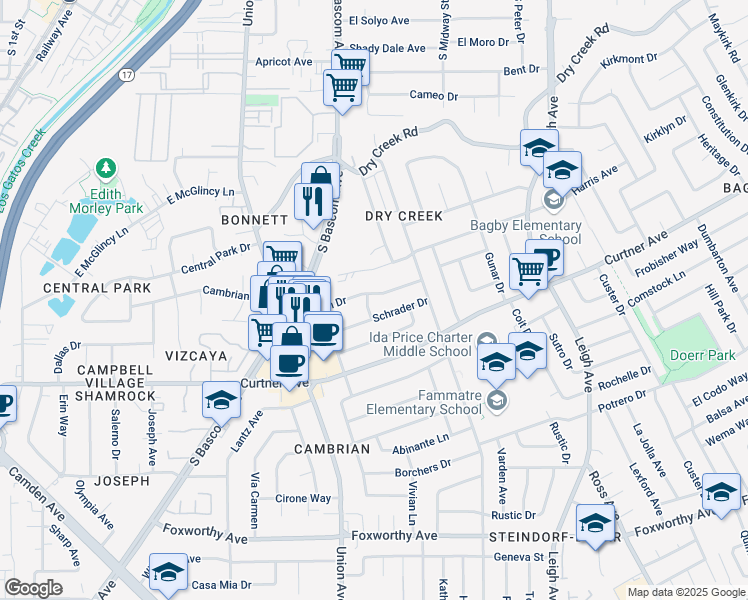 map of restaurants, bars, coffee shops, grocery stores, and more near 2558 Horace Avenue in San Jose