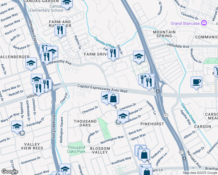 map of restaurants, bars, coffee shops, grocery stores, and more near Capitol Expressway & Pearl Avenue in San Jose