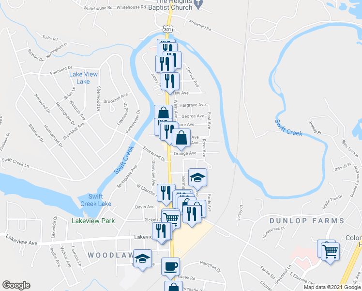 map of restaurants, bars, coffee shops, grocery stores, and more near 121 Hillcrest Avenue in Colonial Heights