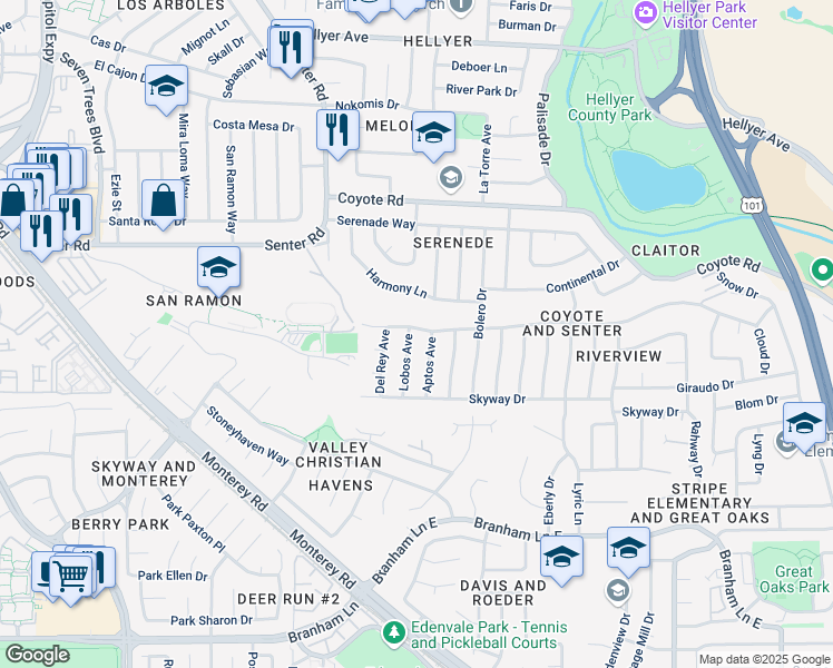 map of restaurants, bars, coffee shops, grocery stores, and more near 4517 Aptos Avenue in San Jose