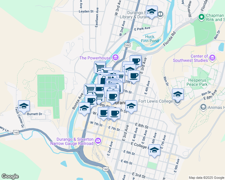map of restaurants, bars, coffee shops, grocery stores, and more near 1099 Main Avenue in Durango